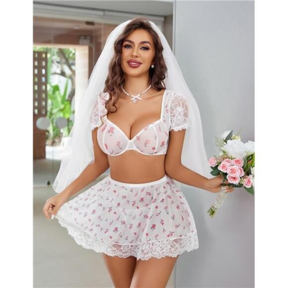 Women Sexy Mesh Top Lingerie Skirts 3 Piece Floral White - Picture 2 of 6